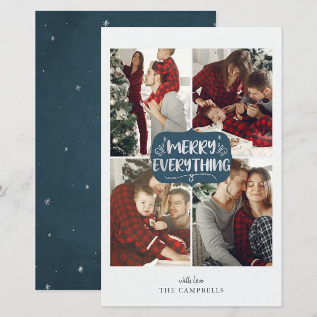 Budget Blue Merry Everything 4 photo holiday card (Front/Back)