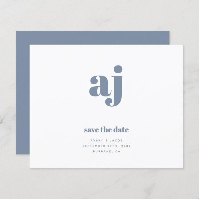 BUDGET Blue Monogram Wedding Save The Date (Front/Back)
