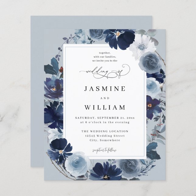 Budget Blue & Navy Floral on Dusty Blue Wedding   (Front/Back)