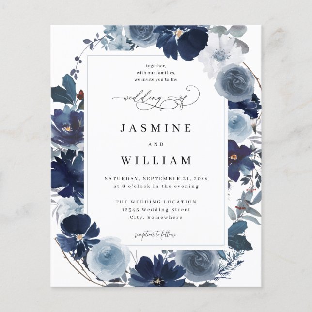 Budget Blue & Navy Floral Wedding  Flyer (Front)