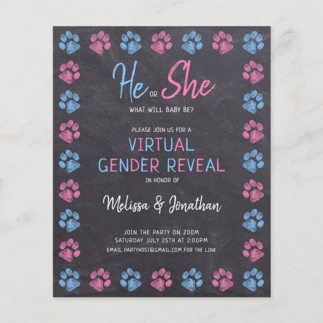 Budget Blue Pink Chalkboard Virtual Gender Reveal (Front)