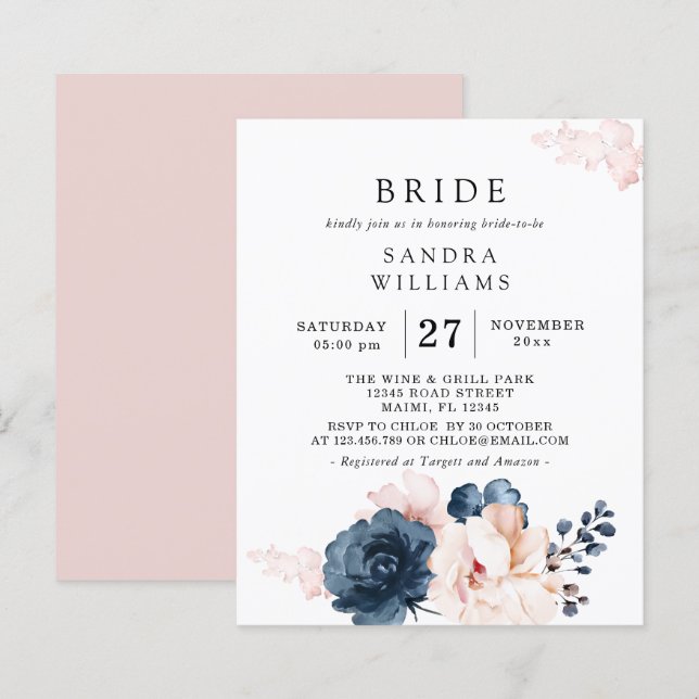 Budget Blue,  Pink Floral Bridal Shower Flayer (Front/Back)