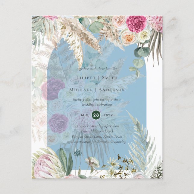 BUDGET Blue Pink Floral Pampas Grass Wedding Flyer (Front)
