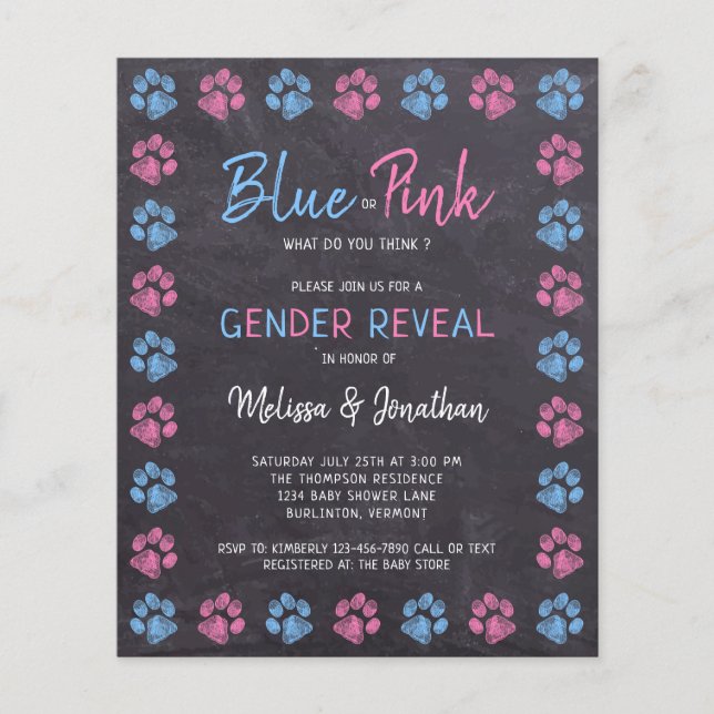 Budget Blue Pink Paw Prints Gender Reveal Invite (Front)