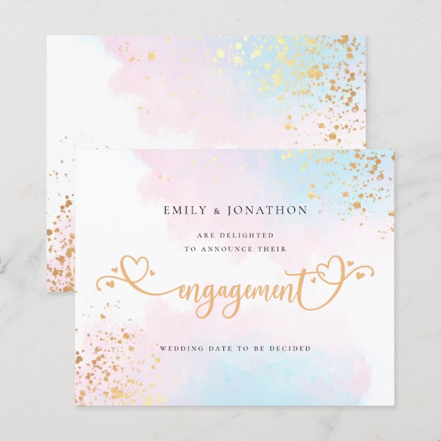 Budget Blue Pink Watercolor Engagement Announce (Front/Back)