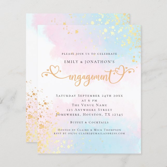 Budget Blue Pink Watercolor Heart Engagement (Front/Back)