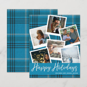 Budget Blue Plaid Multi Photo Happy Holidays