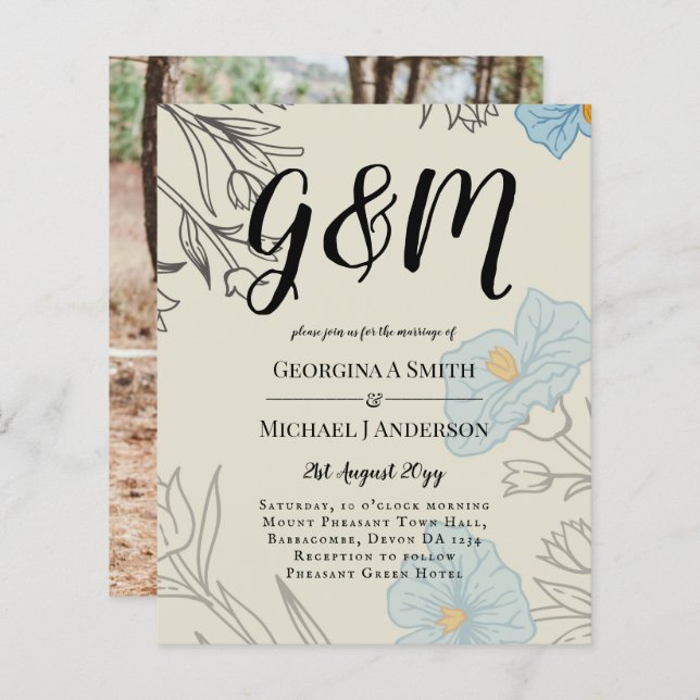 BUDGET Blue Poppy Magnolia Wedding Invitation (Front/Back)