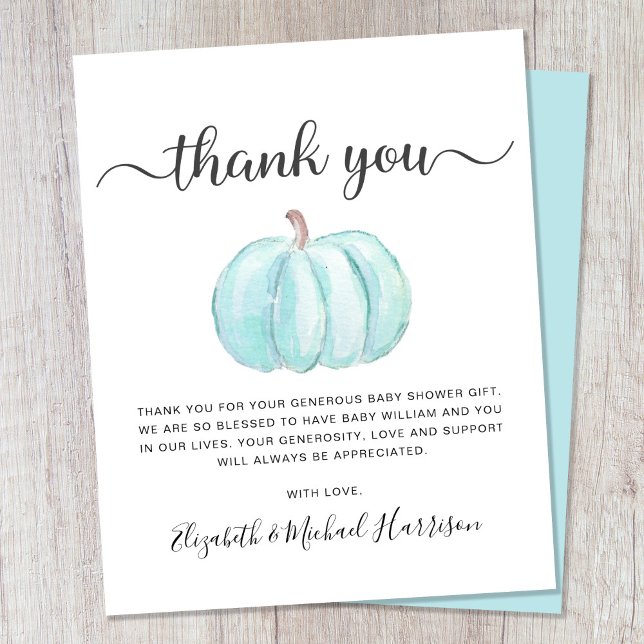 Budget Blue Pumpkin Baby Boy Shower Thank You Card (Creator Uploaded)