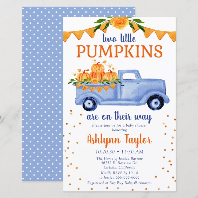Budget Blue Pumpkin Truck Twin Baby Shower Invite (Front/Back)