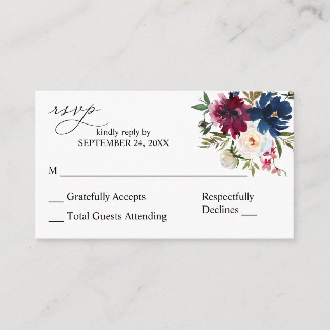 Budget Blue Purple & White Floral 2SM No Meal RSVP Enclosure Card (Front)