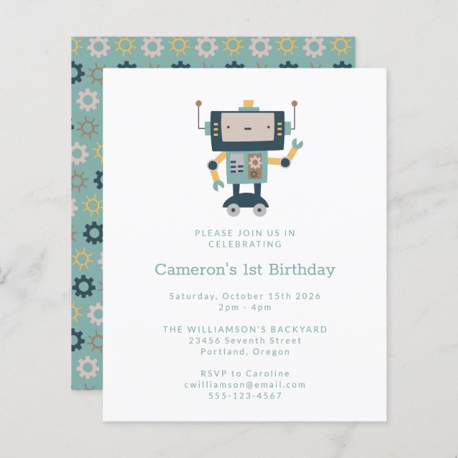 Budget Blue Robot Simple 1st Birthday Invitation (Front/Back)