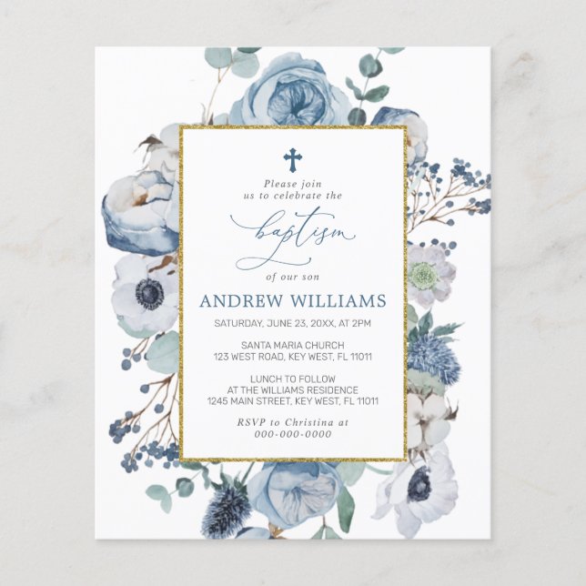 Budget Blue Rose Flowers Baptism Invitation (Front)