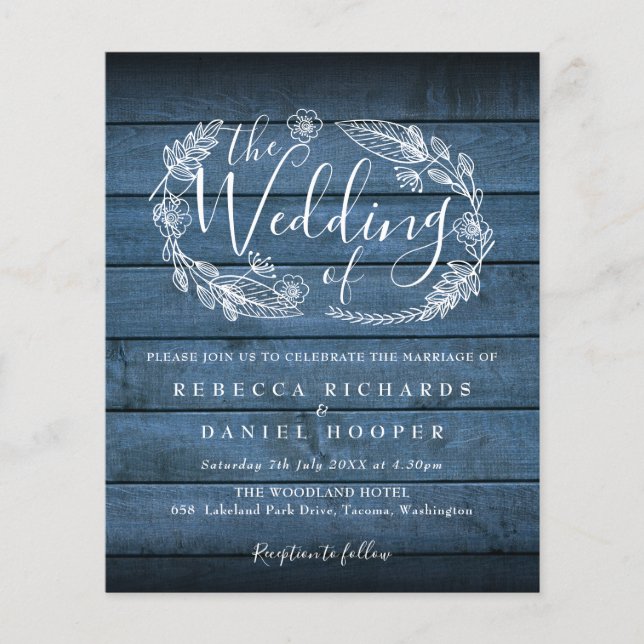 Budget Blue Rustic Wood Foliage Wedding Invite (Front)