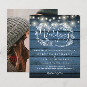 Budget Blue Rustic Wood Photo Wedding Invite