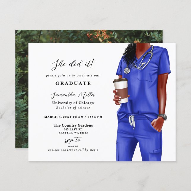 Budget Blue Scrubs Nurse Photo Graduation Invite (Front/Back)