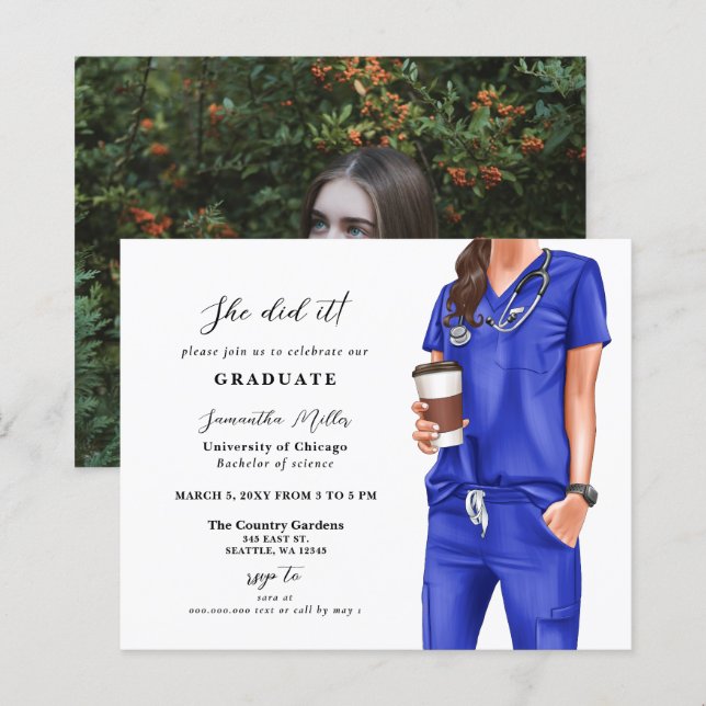 Budget Blue Scrubs Nurse Photo Graduation Invite (Front/Back)