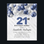 Budget Blue Silver Balloon Glitter 21st Birthday<br><div class="desc">Modern Glam Navy Blue Silver Balloon Glitter Sparkle Any Age Birthday Invitation</div>