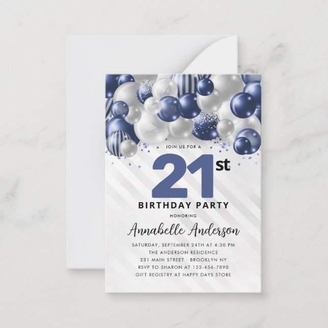 Budget Blue Silver Balloon Glitter 21st Birthday Card (Front)