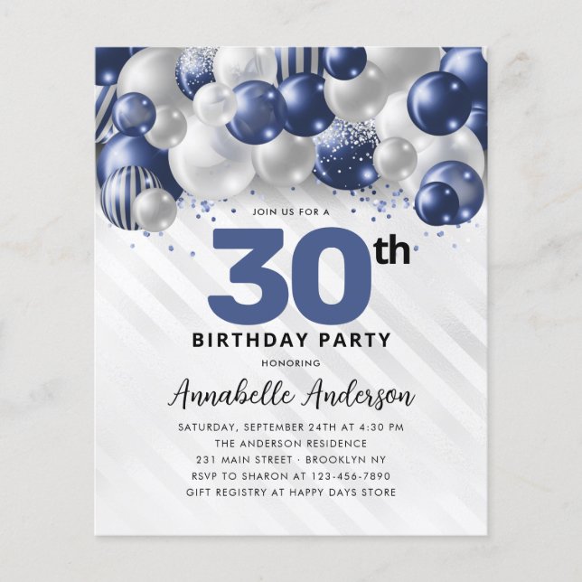 Budget Blue Silver Balloon Glitter 30th Birthday (Front)