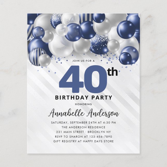 Budget Blue Silver Balloon Glitter 40th Birthday (Front)