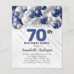 Budget Blue Silver Balloon Glitter 70th Birthday<br><div class="desc">Modern Glam Navy Blue Silver Balloon Glitter Sparkle Any Age Birthday Invitation</div>