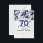 Budget Blue Silver Balloon Glitter 70th Birthday Card<br><div class="desc">Modern Glam Navy Blue Silver Balloon Glitter Sparkle Any Age Birthday Invitation</div>