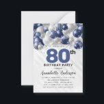 Budget Blue Silver Balloon Glitter 80th Birthday Card<br><div class="desc">Modern Glam Navy Blue Silver Balloon Glitter Sparkle Any Age Birthday Invitation</div>