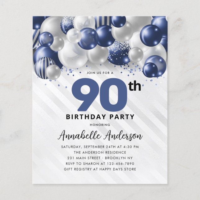 Budget Blue Silver Balloon Glitter 90th Birthday (Front)