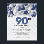 Budget Blue Silver Balloon Glitter 90th Birthday<br><div class="desc">Modern Glam Navy Blue Silver Balloon Glitter Sparkle Any Age Birthday Invitation</div>