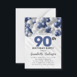 Budget Blue Silver Balloon Glitter 90th Birthday Card<br><div class="desc">Modern Glam Navy Blue Silver Balloon Glitter Sparkle Any Age Birthday Invitation</div>