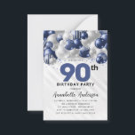 Budget Blue Silver Balloon Glitter 90th Birthday Card<br><div class="desc">Modern Glam Navy Blue Silver Balloon Glitter Sparkle Any Age Birthday Invitation</div>