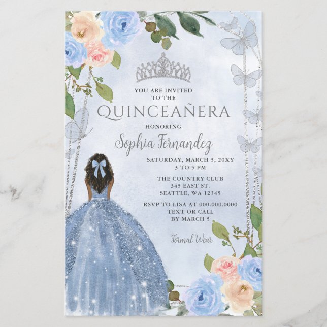 Budget Blue Silver Floral Princess Quinceañera  (Front)