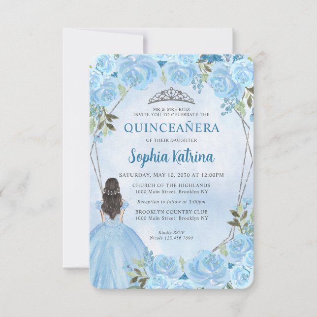 Budget Blue Silver Floral Princess Quinceañera Card (Front)