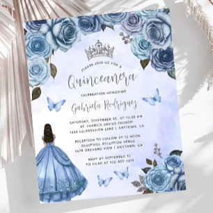Budget Blue Silver Floral Quinceañera Invite