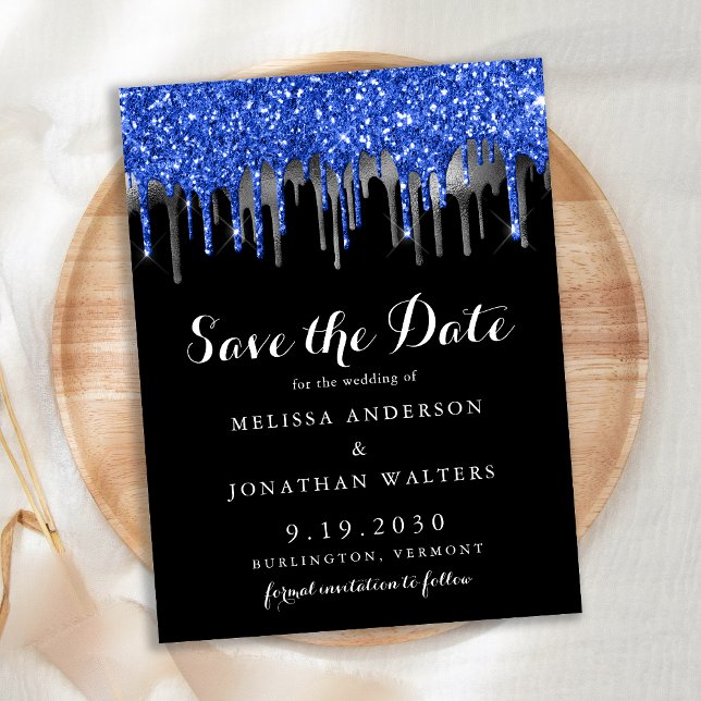 Budget Blue Silver Glitter Drips Save The Date  (Creator Uploaded)