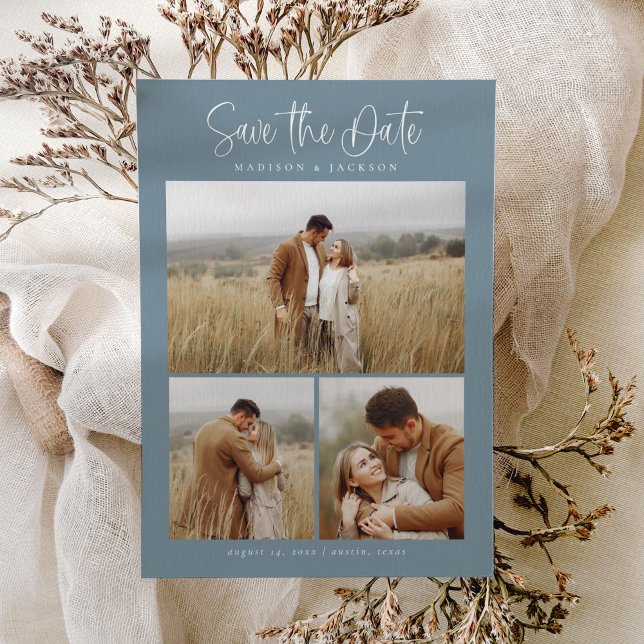Budget Blue Simple Calligraphy Script Photo Save The Date (Creator Uploaded)