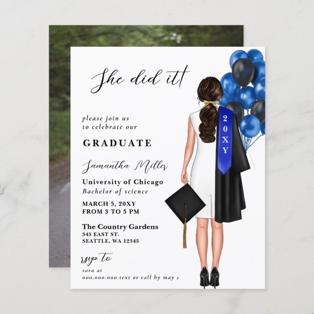 Budget Blue Simple Photo She Did It Graduation (Front/Back)