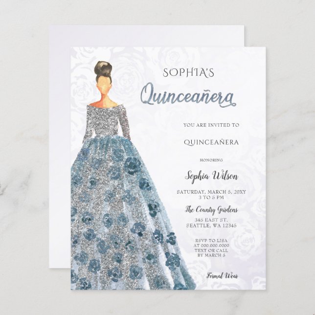 Budget Blue Sparkle Dress Quinceanera  Invitation (Front/Back)