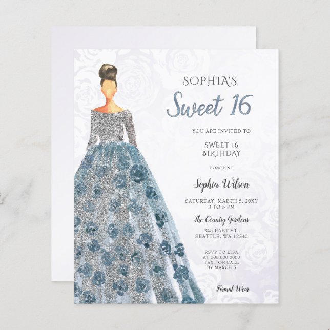Budget Blue Sparkle Dress Sweet 16 Invitation (Front/Back)