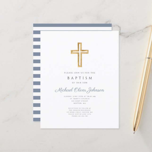 Budget Blue Stripes Cross Religious Boy Baptism (Front/Back In Situ)