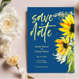 Budget Blue Sunflower Save the date Invitation