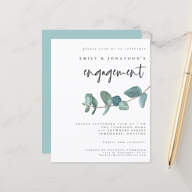 Budget Blue Teal Eucalyptus Engagement Invitation (Front/Back In Situ)