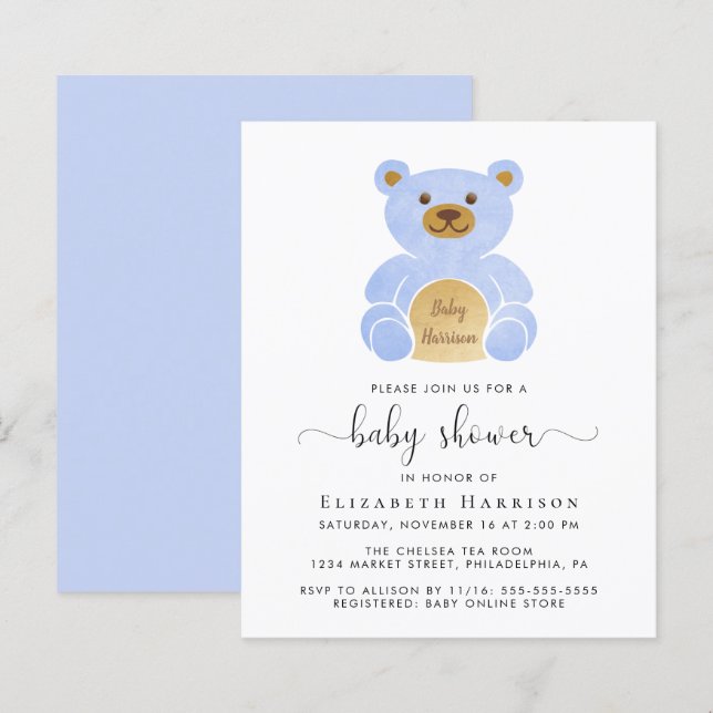 Budget Blue Teddy Bear Baby Boy Shower Invitation (Front/Back)