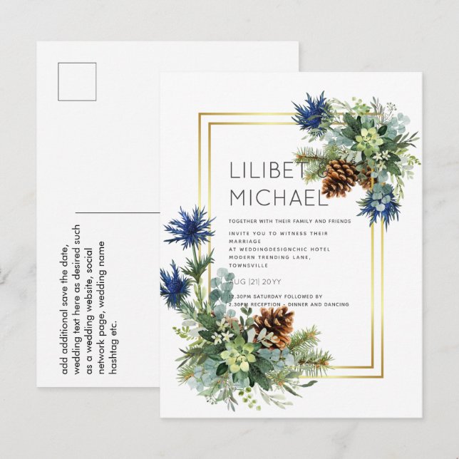 BUDGET  Blue Thistle Eucalyptus Wedding Wonderland Postcard (Front/Back)