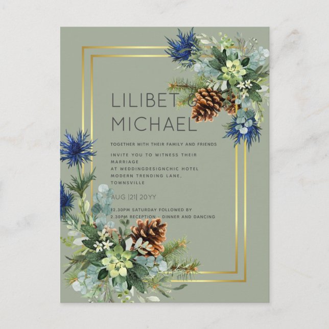 BUDGET  Blue Thistle Eucalyptus Wedding Wonderland Postcard (Front)