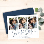 Budget Blue Typography Wedding Save the Date<br><div class="desc">BUDGET Modern Handwritten Save the Date Multiple Photo Card in classic blue and white in a font that is elegant and evokes a romantic handwritten feel. Designed to use three of your favourite photos for added customisation. Easily add your names and dates for a truly personalised design. **Our BUDGET paper...</div>