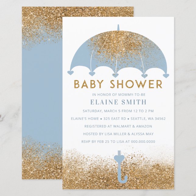 Budget Blue Umbrella Boy Baby Shower Invitation (Front/Back)