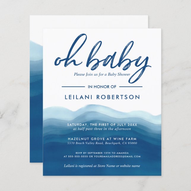 Budget Blue Watercolor Baby Boy Shower Invitation (Front/Back)