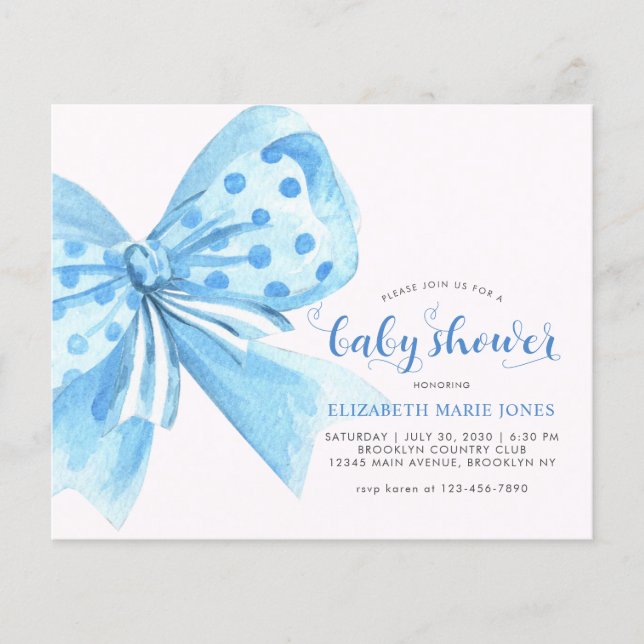 Budget Blue Watercolor Bow Ribbon Boy Baby Shower (Front)
